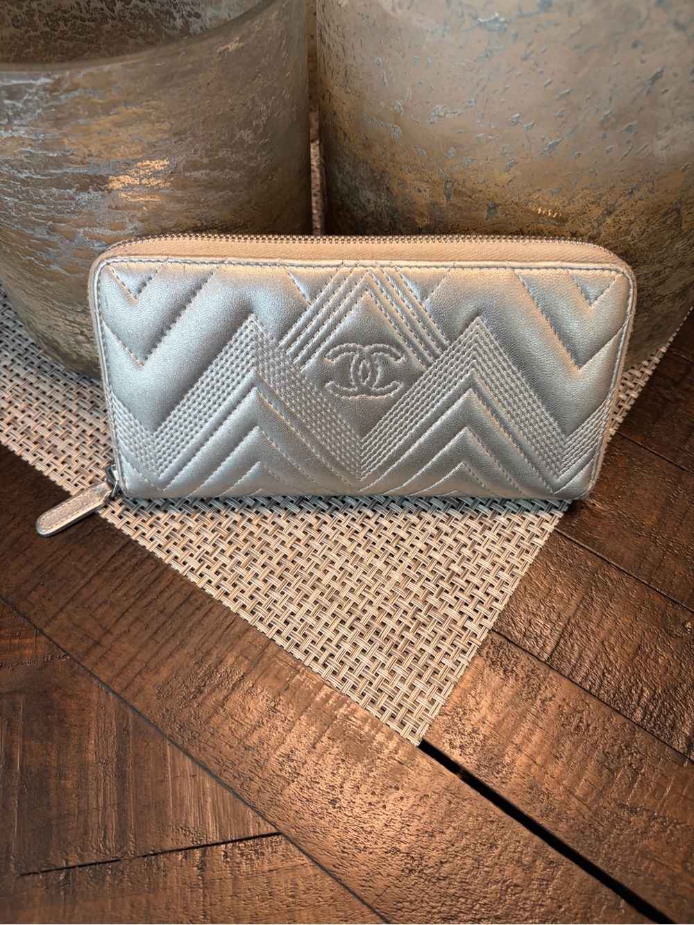 CHANEL Metallic Silver Chevron Zip Wallet